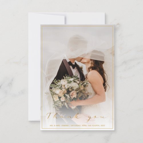 Your wedding photo gold script and border  thank you card