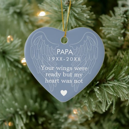 Your Wings Personalized Memorial Heart Blue Ceramic Ornament