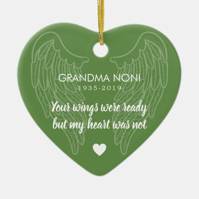 Your Wings Personalized Memorial Heart Ceramic Ornament (Front)