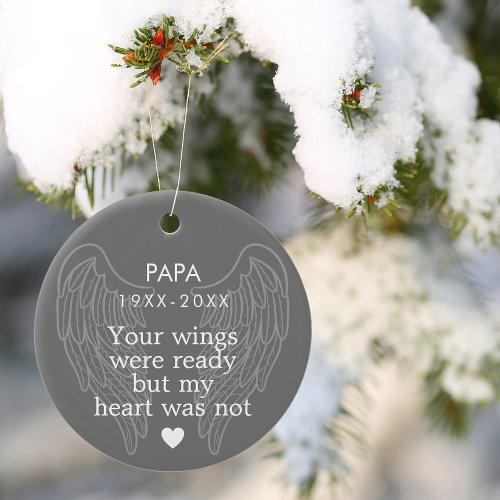 Your Wings Personalized Memorial Heart Gray Ceramic Ornament