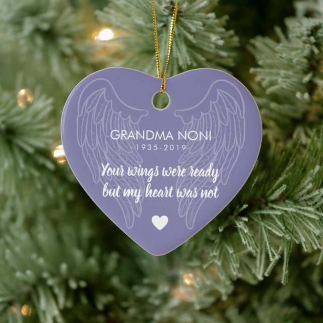 Your Wings Personalized Memorial Heart Purple Ceramic Ornament (Tree)