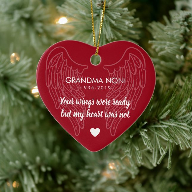 Your Wings Personalized Memorial Heart Red Ceramic Ornament (Tree)