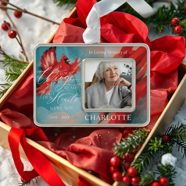 Your Wings Were Ready Red Cardinal Memorial Photo Christmas Ornament (Your Wings Were Ready Red Cardinal Memorial Photo Christmas Ornament)
