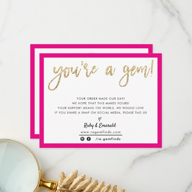 YOU'RE A GEM modern thank you gold glitter script Card (Front/Back In Situ)