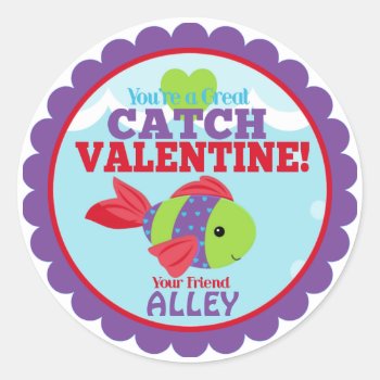 You're A Great Catch Fish Classroom Valentines Classic Round Sticker by TiffsSweetDesigns at Zazzle
