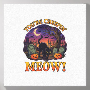 Youre Creepin Meow Halloween Black Cat Pumpkins Gr Canvas Photo Tile