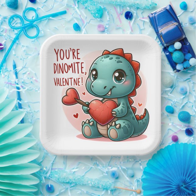 Youre Dinomite Valentine Cute Dinosaur Love Paper Plates (Party)