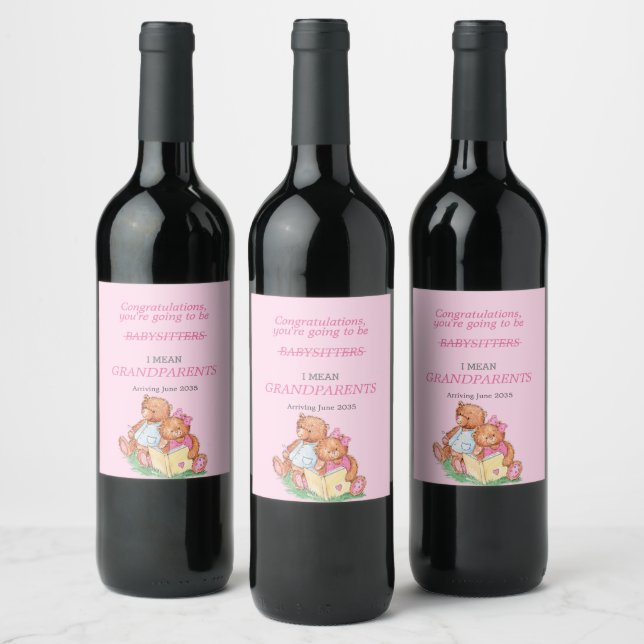 You're Going To Be Grandparents Bears Pink  Wine Label (Bottles)