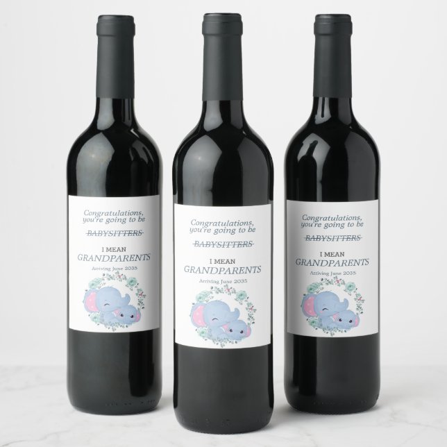 You're Going To Be Grandparents Blue Elephants  Wine Label (Bottles)