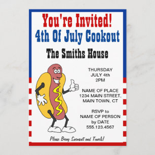 You're Invited 4th Of July Cookout Hot Dog Cartoon Invitation