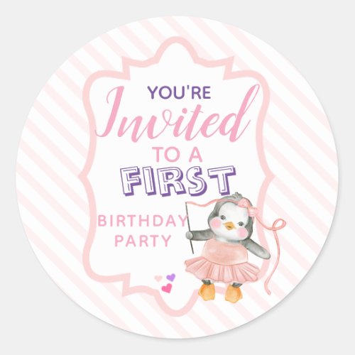 Youre Invited Ballerina Penguin Pink Birthday Cla Classic Round Sticker