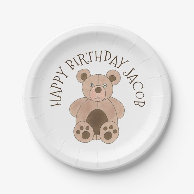 You're Invited Brown Teddy Bear Birthday Party Paper Plates (Front)