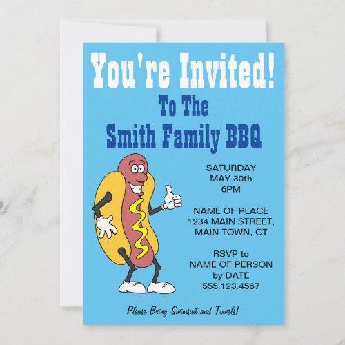 Youre Invited Family BBQ Hot Dog Cartoon Blue Invitation