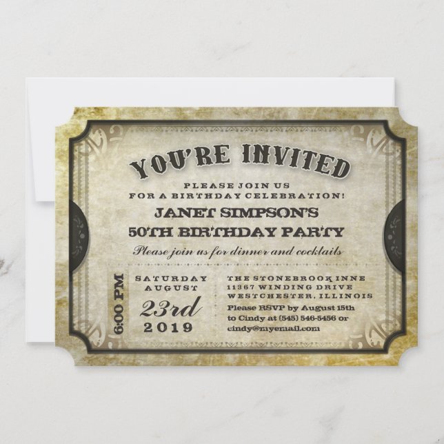 You're Invited Gold Antique Ticket Birthday Invite (Front)
