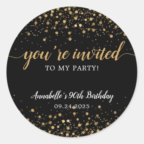 Youre Invited Party Gold Black Confetti Birthday Classic Round Sticker