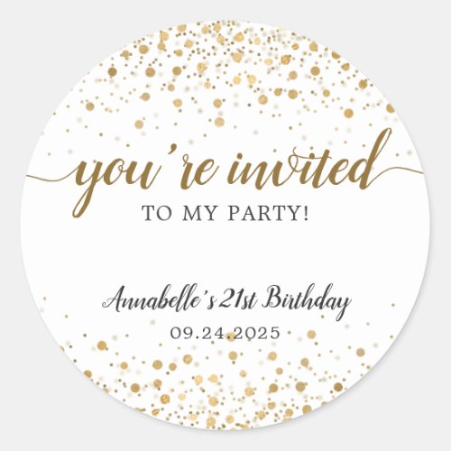 Youre Invited Party Gold Confetti 21st Birthday Classic Round Sticker