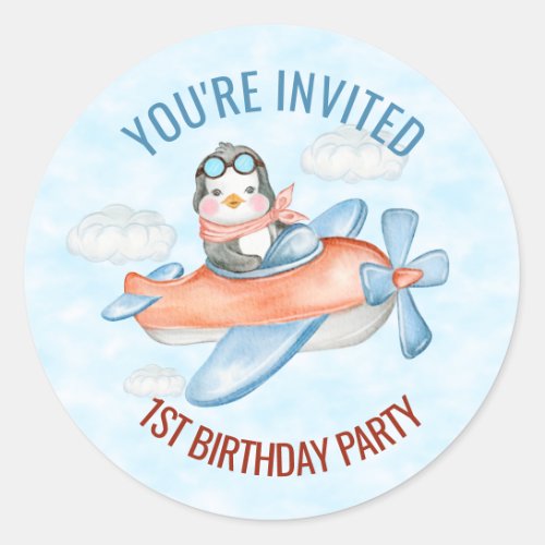 Youre Invited Penguin Airplane Blue Birthday Classic Round Sticker