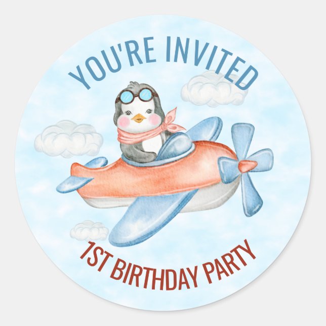 You're Invited Penguin Airplane Blue Birthday Classic Round Sticker (Front)