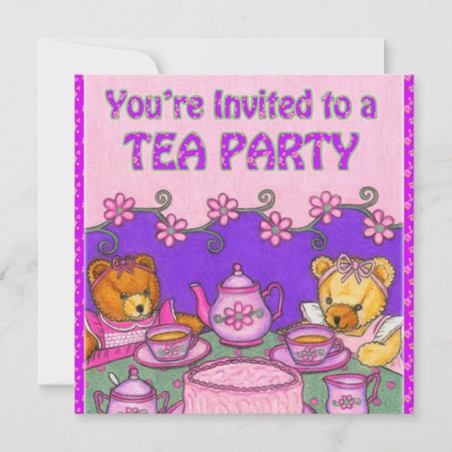 You're Invited To a Tea Party Card~Teddy Bears Invitation (Front)