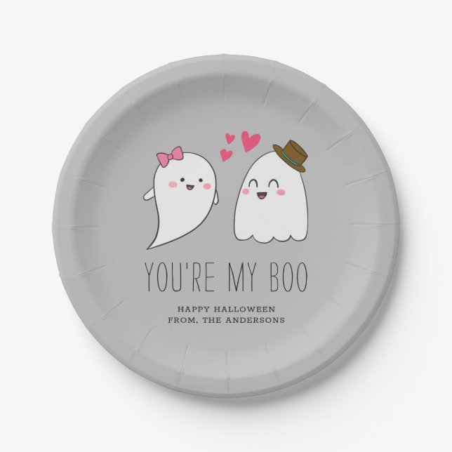 You're my Boo Halloween Kawaii Ghost Cute Gray  Paper Plates (Front)