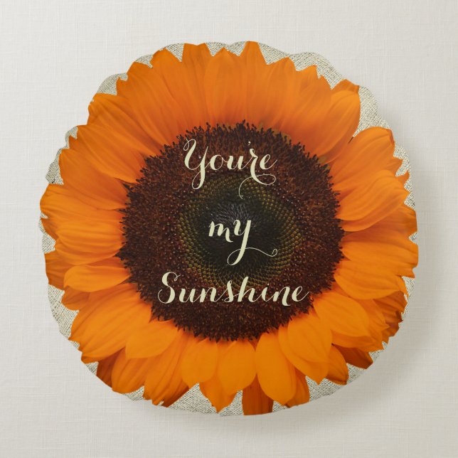 You're My Sunshine Orange Sunflower Burlap Rustic Round Pillow (Front)