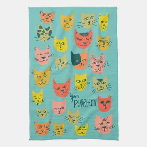 Youre Purrfect Colorful Cute Cats Teal Kitchen Towel