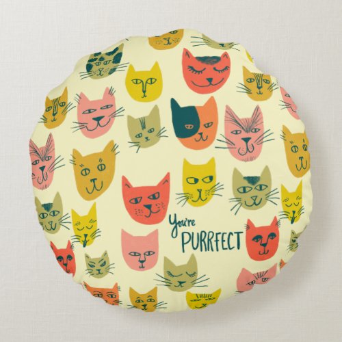 Youre Purrfect Cute Colorful Cats Pattern Round Pillow