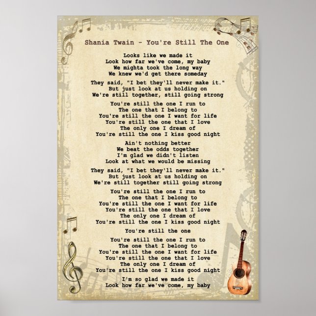 You're Still The One Song Lyric Guitar Print (Front)