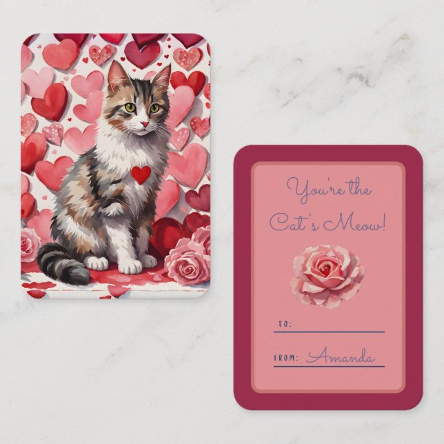 'You're The Cat's Meow' Tabby Classroom Valentine Note Card (Front/Back)