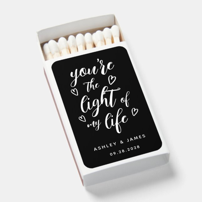 You're the Light of my Life Black Wedding Matchboxes (Front Open)