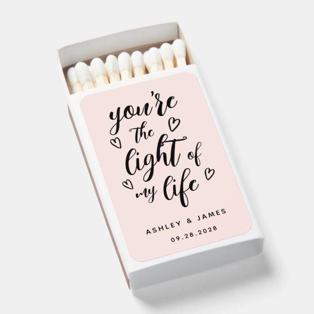 You're the Light of my Life Pink Wedding Matchboxes (Front Open)