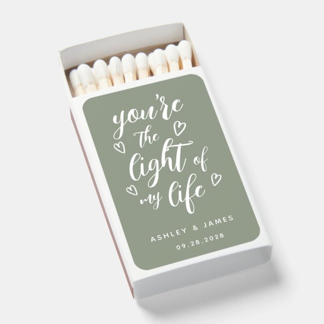 You're the Light of my Life Sage Green Wedding Matchboxes (Front Open)