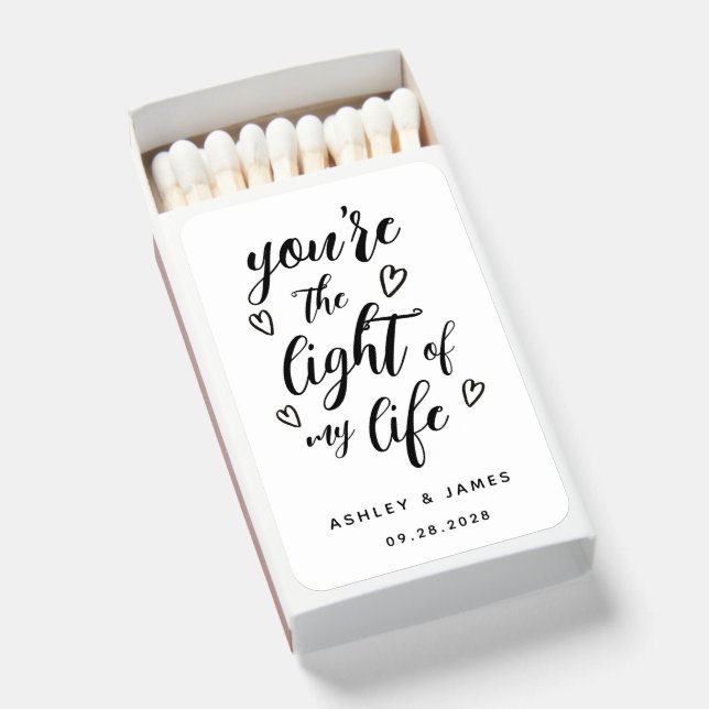 You're the Light of my Life White Wedding Matchboxes (Front Open)