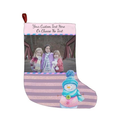 YourPicText Purple Pink Rose Gold Stripes Snowman Large Christmas Stocking