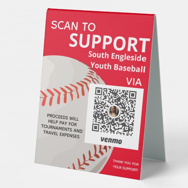 Youth Baseball Fundraising Ideas Use Venmo Table Tent (Back)