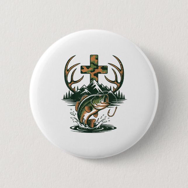 Youth Camo Faith Hunting Fishing Cross Fisherman C Button (Front)