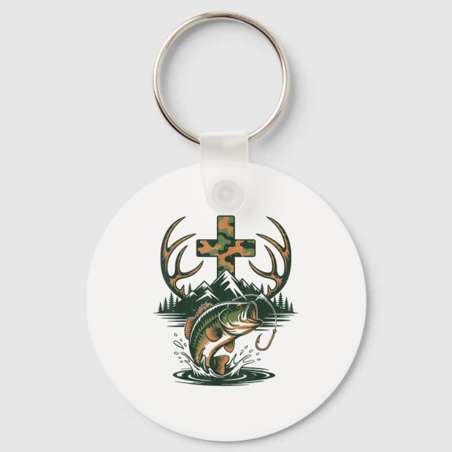 Youth Camo Faith Hunting Fishing Cross Fisherman C Keychain (Front)