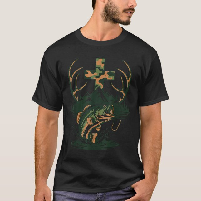 Youth Camo Faith Hunting Fishing Cross Fisherman C T-Shirt (Front)
