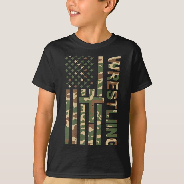 Youth Camo Wrestling American Flag Us Patriotic Bo T-Shirt (Front)