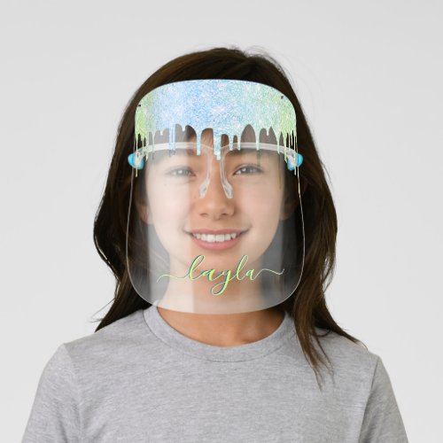 youth name green blue ombre metallic glitter drip kids face shield