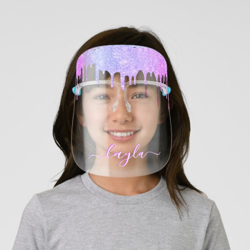 youth pink ombre metallic glitter drip custom name kids face shield