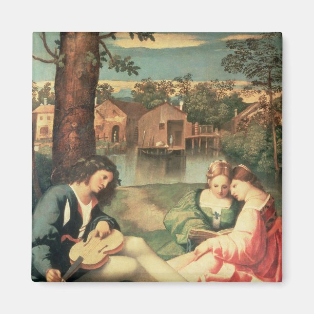 Youth with a guitar and two girls sitting magnet (Front)