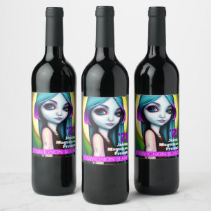 Youthful blue-pink ombre color hair girl custom wine label