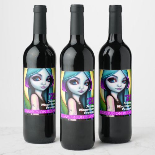 Youthful blue_pink ombre color hair girl custom wine label