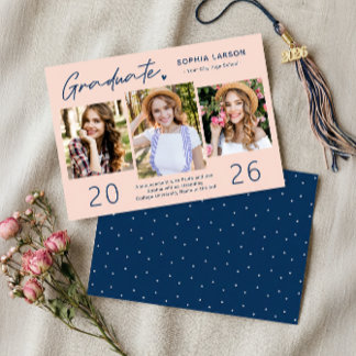 Youthful Navy Blush 3 Photo Collage Graduation Announcement
