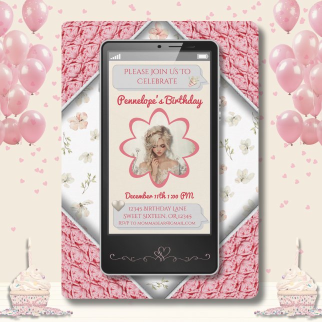 Youthful Pink Floral Text Message Birthday Invitation (Youthful Pink Floral Text Message Birthday Invitation)