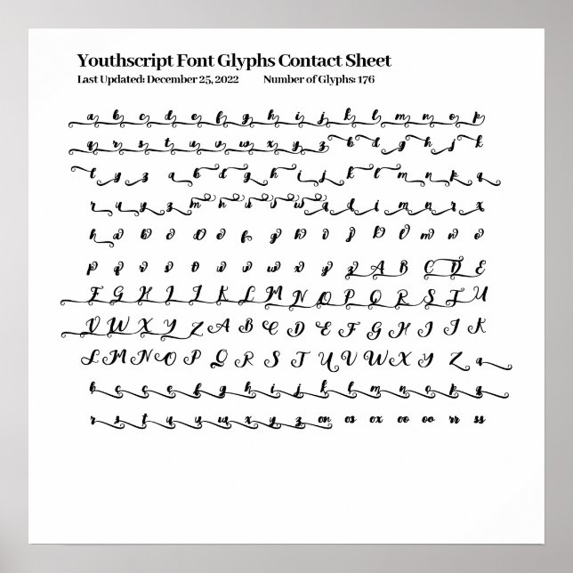 Youthscript Font Glyphs Contact Sheet Poster (Front)