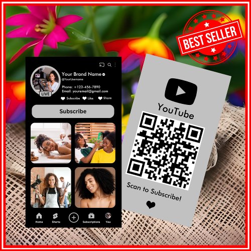 YouTube Gray Influencer Vlogger Creator QR Code Business Card