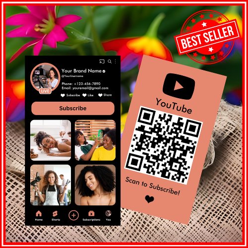 YouTube Peach Influencer Vlogger Creator QR Code Business Card