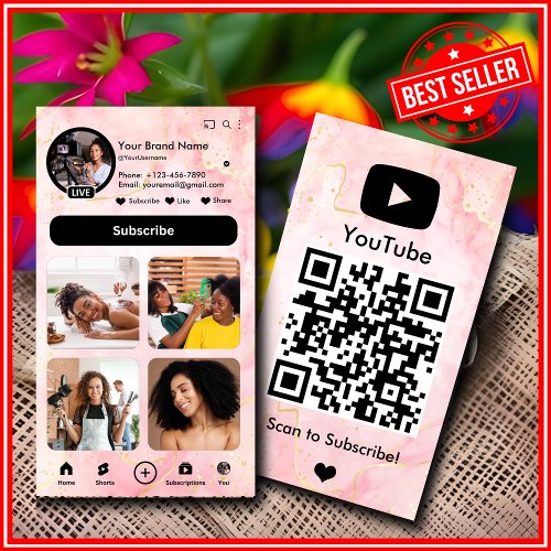 YouTube Pink Marble Influencer Vlogger Creator QR Business Card